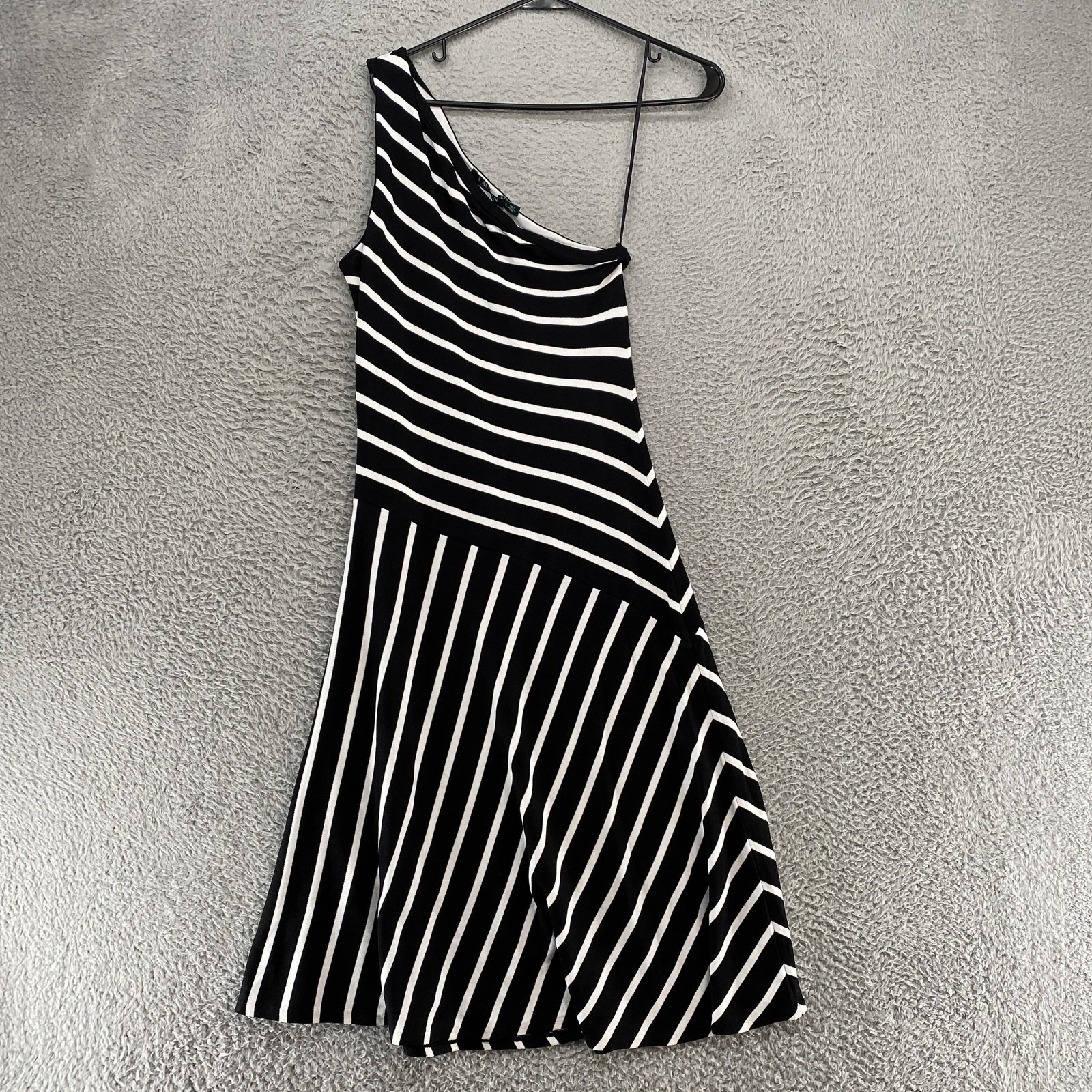Lauren Ralph Lauren One Shoulder Dress Womens Small Black Midi Striped Knit